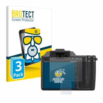Front side of a product packaging with the brand logo BROTECT. Next to it is the device Fujifilm X-H2 shown with the correspon