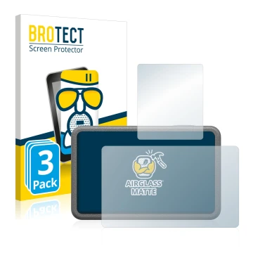 Front side of a product packaging with the brand logo BROTECT. Next to it is the device DJI Osmo Action 3 shown with the corre