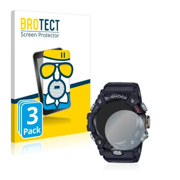 Front side of a product packaging with the brand logo BROTECT. Next to it is the device Casio G-Shock Mudmaster GG-B100-1AER s