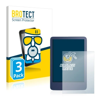 Front side of a product packaging with the brand logo BROTECT. Next to it is the device Amazon Kindle Reader 2022 shown with t
