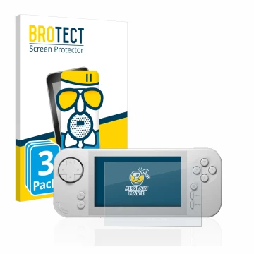 Front side of a product packaging with the brand logo BROTECT. Next to it is the device Evercade EXP shown with the correspond