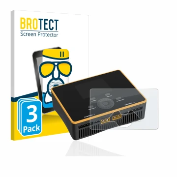 Front side of a product packaging with the brand logo BROTECT. Next to it is the device Junsi iCharger DX8 Duo shown with the 