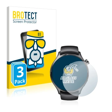 Front side of a product packaging with the brand logo BROTECT. Next to it is the device Xiaomi Watch S1 Pro shown with the cor