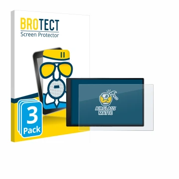 Front side of a product packaging with the brand logo BROTECT. Next to it is the device Garmin DriveSmart 86 shown with the co