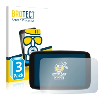 Front side of a product packaging with the brand logo BROTECT. Next to it is the device TomTom GO Camper Max shown with the co