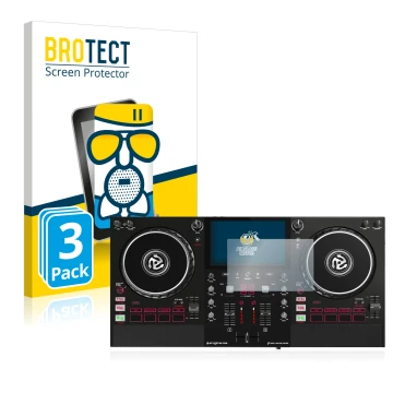 Front side of a product packaging with the brand logo BROTECT. Next to it is the device Numark Mixstream Pro shown with the co