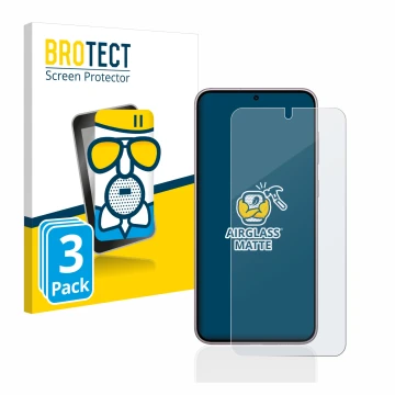 Front side of a product packaging with the brand logo BROTECT. Next to it is the device Samsung Galaxy S23 shown with the corr