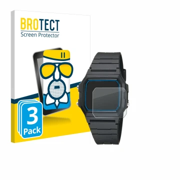 Front side of a product packaging with the brand logo BROTECT. Next to it is the device Casio F-105W-1AWYEF shown with the cor