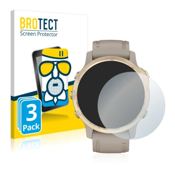 Front side of a product packaging with the brand logo BROTECT. Next to it is the device Garmin Fenix 6S Pro Solar shown with t