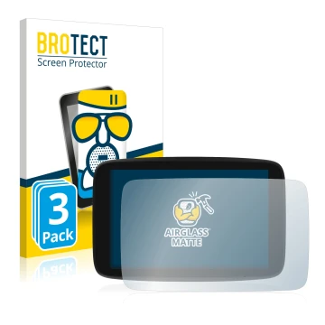 Front side of a product packaging with the brand logo BROTECT. Next to it is the device TomTom GO Exclusive shown with the cor