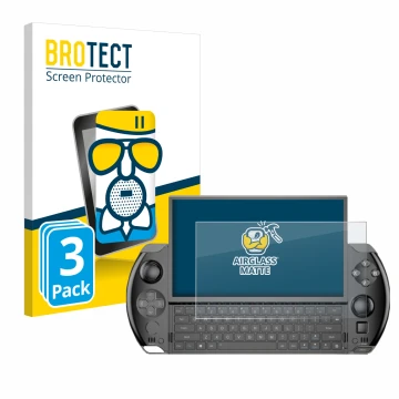 Front side of a product packaging with the brand logo BROTECT. Next to it is the device GPD Win 4 shown with the corresponding