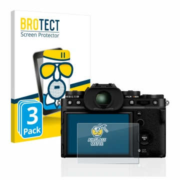 Front side of a product packaging with the brand logo BROTECT. Next to it is the device Fujifilm X-T5 shown with the correspon