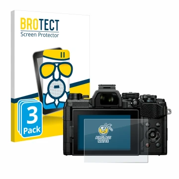 Front side of a product packaging with the brand logo BROTECT. Next to it is the device Olympus OM System OM-5 shown with the 