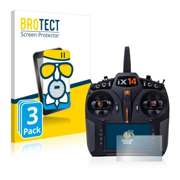 Front side of a product packaging with the brand logo BROTECT. Next to it is the device Spektrum iX14 shown with the correspon