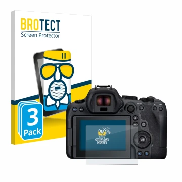 Front side of a product packaging with the brand logo BROTECT. Next to it is the device Canon EOS R6 Mark II shown with the co