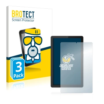Front side of a product packaging with the brand logo BROTECT. Next to it is the device Lenovo Tab M9 shown with the correspon
