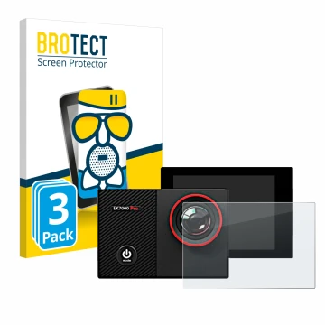 Front side of a product packaging with the brand logo BROTECT. Next to it is the device Akaso EK7000 Pro shown with the corres