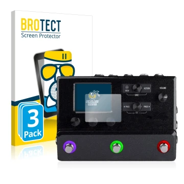 Front side of a product packaging with the brand logo BROTECT. Next to it is the device Line 6 hx stomp shown with the corresp