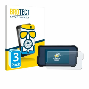 Front side of a product packaging with the brand logo BROTECT. Next to it is the device KTM 390 Duke 2019 shown with the corre