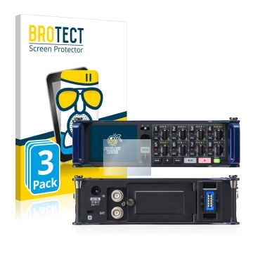 Front side of a product packaging with the brand logo BROTECT. Next to it is the device Zoom F8 field recorder shown with the 