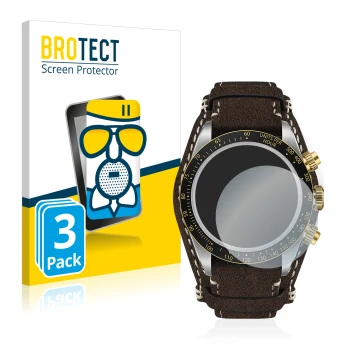 Front side of a product packaging with the brand logo BROTECT. Next to it is the device Tudor Black Bay Chrono 41mm shown with