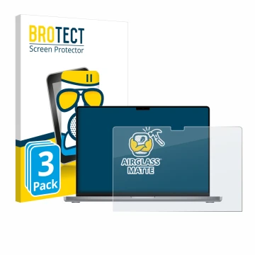 Front side of a product packaging with the brand logo BROTECT. Next to it is the device Apple MacBook Pro 16