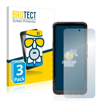 Front side of a product packaging with the brand logo BROTECT. Next to it is the device Caterpillar Cat S53 5G shown with the 