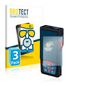 Front side of a product packaging with the brand logo BROTECT. Next to it is the device Bosch GLM 150-27c shown with the corre