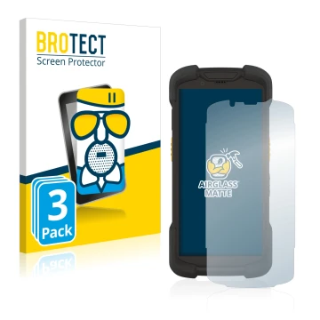 Front side of a product packaging with the brand logo BROTECT. Next to it is the device Zebra TC73 shown with the correspondin