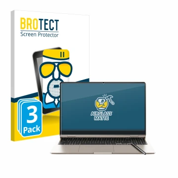 Front side of a product packaging with the brand logo BROTECT. Next to it is the device Samsung Galaxy Book3 360 15.6
