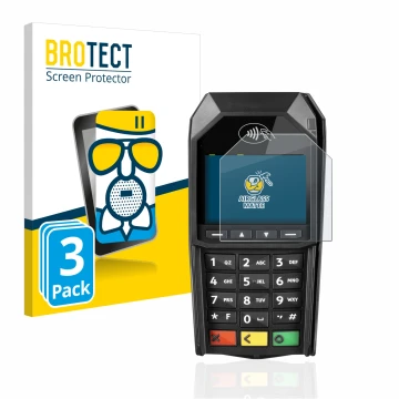 Front side of a product packaging with the brand logo BROTECT. Next to it is the device ingenico Desk/1600 shown with the corr