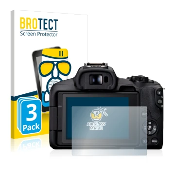 Front side of a product packaging with the brand logo BROTECT. Next to it is the device Canon EOS R50 shown with the correspon