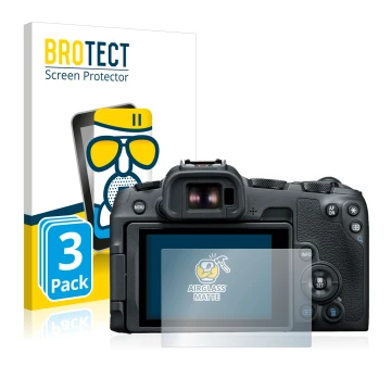 Front side of a product packaging with the brand logo BROTECT. Next to it is the device Canon EOS R8 shown with the correspond