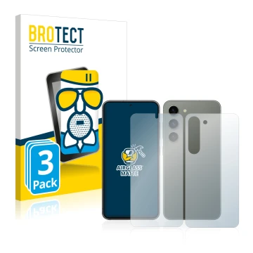 Front side of a product packaging with the brand logo BROTECT. Next to it is the device Samsung Galaxy S23 (Front+Back) shown 
