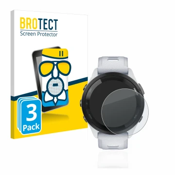 Front side of a product packaging with the brand logo BROTECT. Next to it is the device Garmin Forerunner 265 (46 mm) shown wi