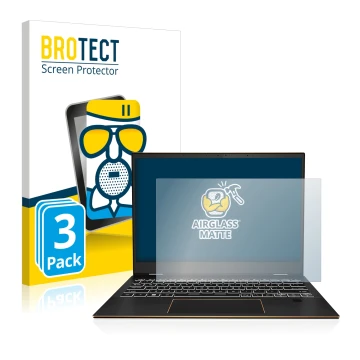 Front side of a product packaging with the brand logo BROTECT. Next to it is the device MSI Summit E13 Flip Evo shown with the