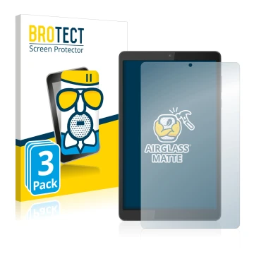 Front side of a product packaging with the brand logo BROTECT. Next to it is the device Lenovo Tab M8 (4th Gen.) shown with th