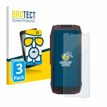 Front side of a product packaging with the brand logo BROTECT. Next to it is the device Cubot King Kong Mini 3 shown with the 