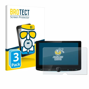 Front side of a product packaging with the brand logo BROTECT. Next to it is the device Kenwood DNR992RVS shown with the corre