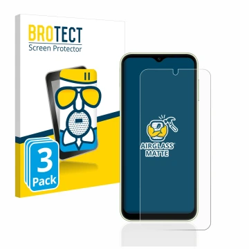Front side of a product packaging with the brand logo BROTECT. Next to it is the device Samsung Galaxy A14 4G shown with the c