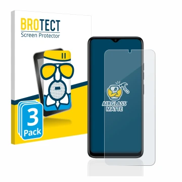 Front side of a product packaging with the brand logo BROTECT. Next to it is the device Tecno Spark Go 2023 shown with the cor