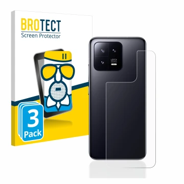 Front side of a product packaging with the brand logo BROTECT. Next to it is the device Xiaomi 13 (Back) shown with the corres