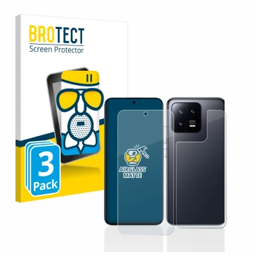 Front side of a product packaging with the brand logo BROTECT. Next to it is the device Xiaomi 13 (Front+Back) shown with the 