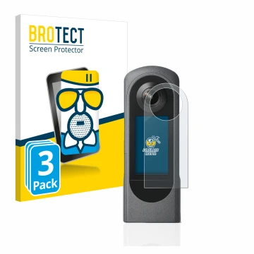 Front side of a product packaging with the brand logo BROTECT. Next to it is the device Ricoh Theta X shown with the correspon