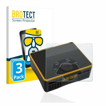 Front side of a product packaging with the brand logo BROTECT. Next to it is the device Junsi iCharger DX6 shown with the corr