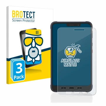 Front side of a product packaging with the brand logo BROTECT. Next to it is the device Samsung Galaxy Tab Active 3 Enterprise