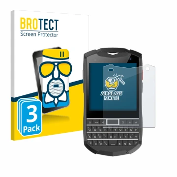 Front side of a product packaging with the brand logo BROTECT. Next to it is the device Unihertz Titan Pocket shown with the c