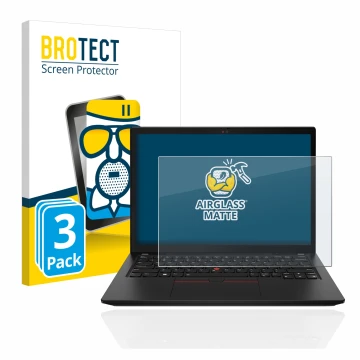 Front side of a product packaging with the brand logo BROTECT. Next to it is the device Lenovo ThinkPad X13 Gen 3 shown with t