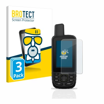 Front side of a product packaging with the brand logo BROTECT. Next to it is the device Garmin GPSMAP 67 shown with the corres