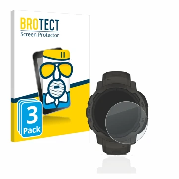 Front side of a product packaging with the brand logo BROTECT. Next to it is the device Garmin Instinct 2 Solar shown with the